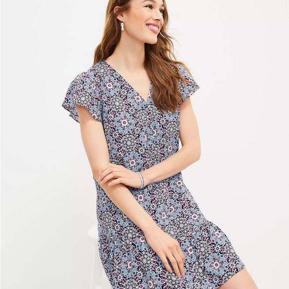 LOFT Petite Medallion Button Ruffle Flounce Dress - Picture 3 of 7